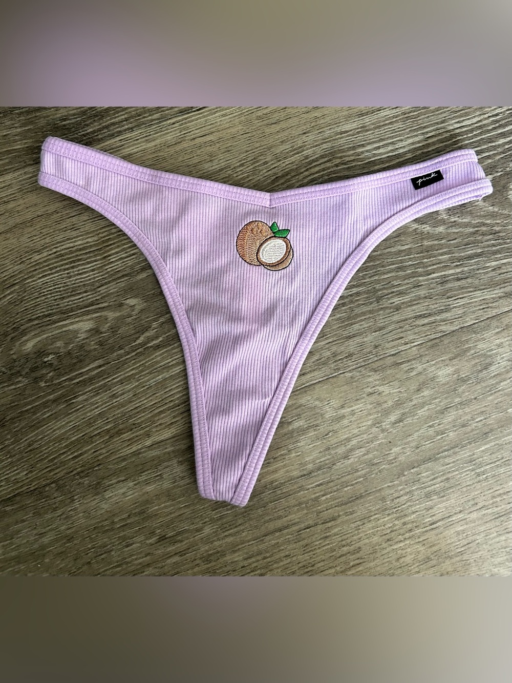 PINK Victoria's Secret Lilac Ribbed Thong Bottom with Peach Patch